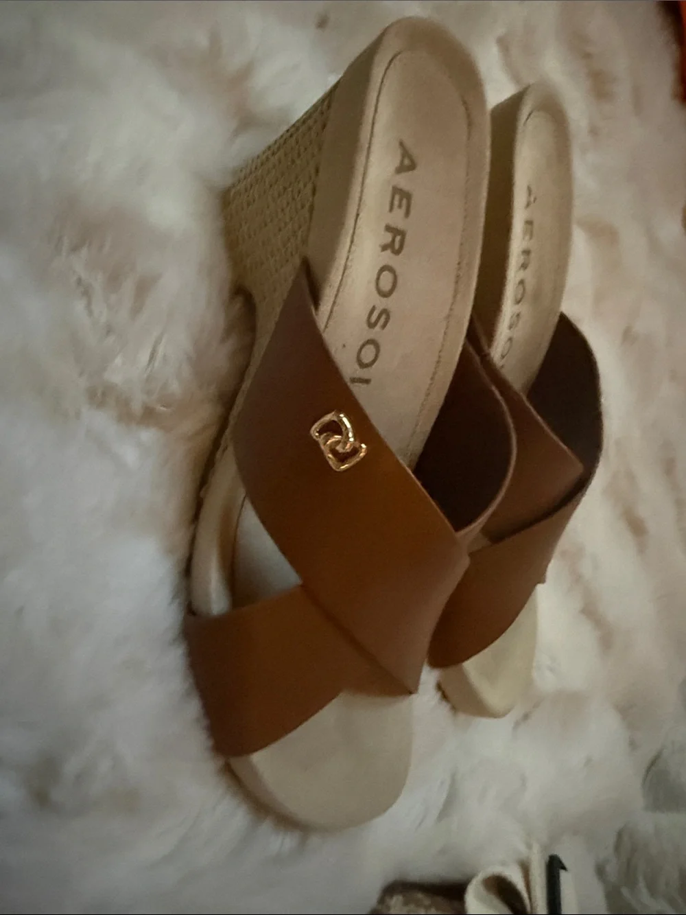 AEROSOLES Brown Cross-Band Wedge Sandals with Gold Accent